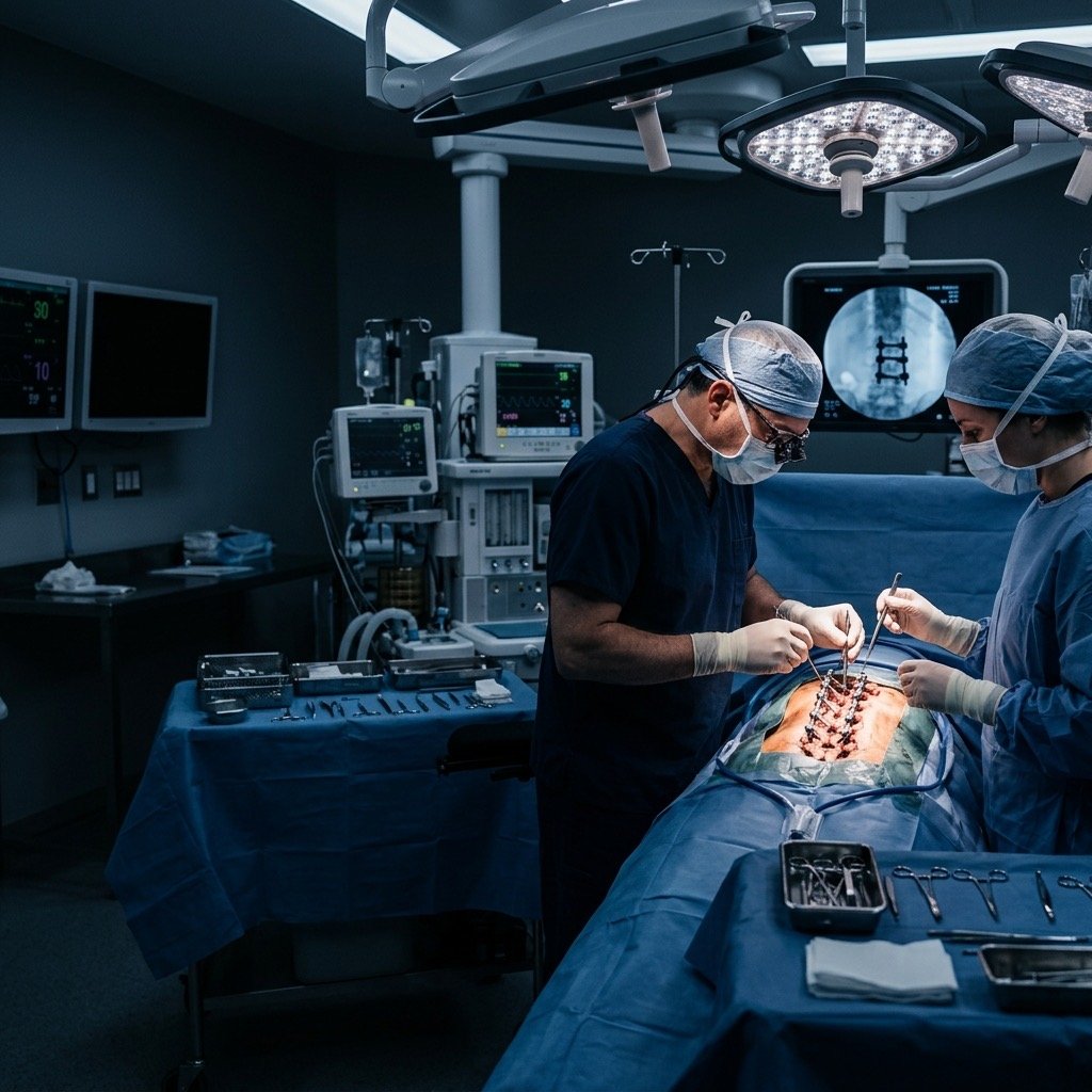Equipo médico e instrumental especializado para cirugía de columna